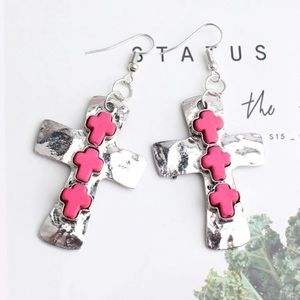 Hot pink cross drop earrings